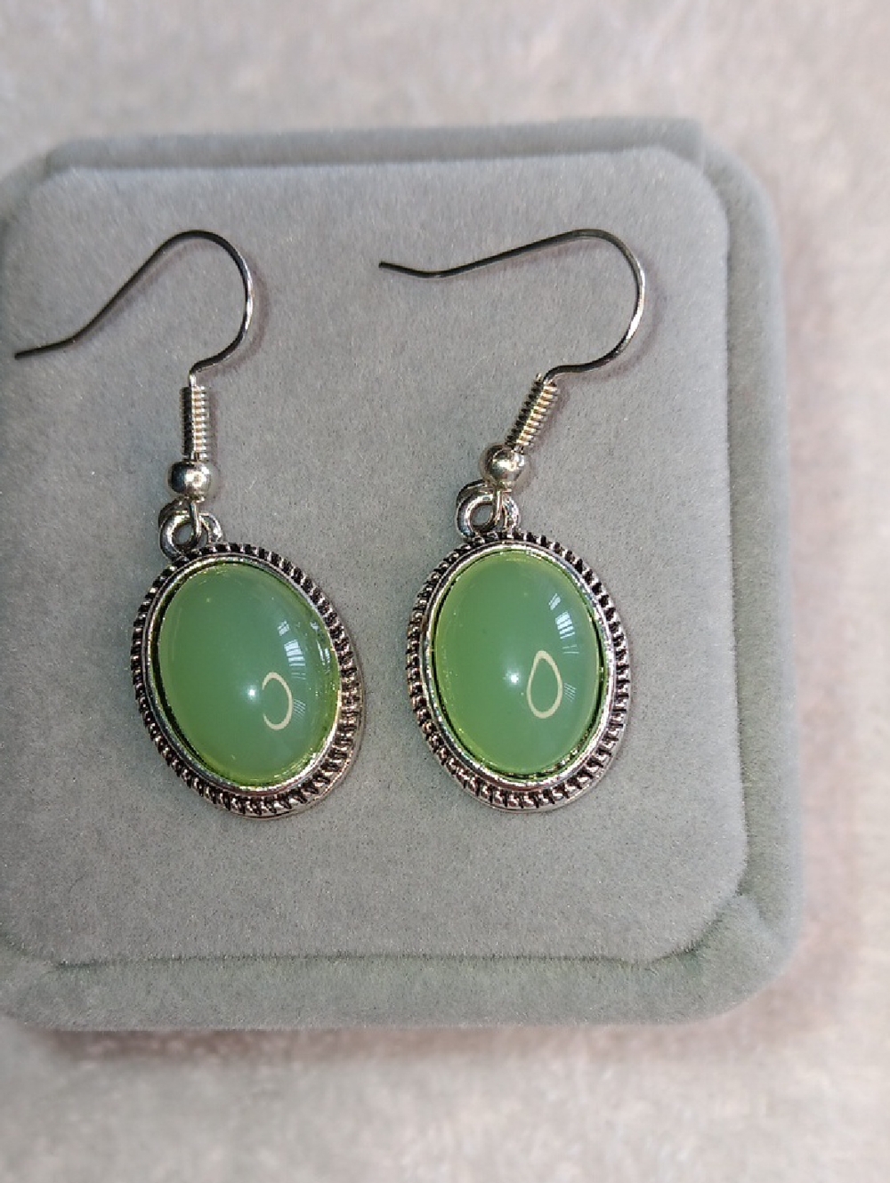 Green Oval Stone Drop Earrings with Silver-Tone Setting